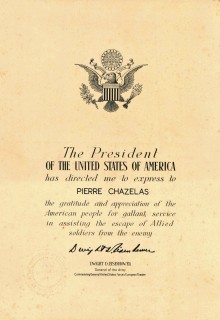 Document officiel de remerciement du Président des Etats-Unis, Dwight D. Eisenhower, adressé à Pierre Chazelas